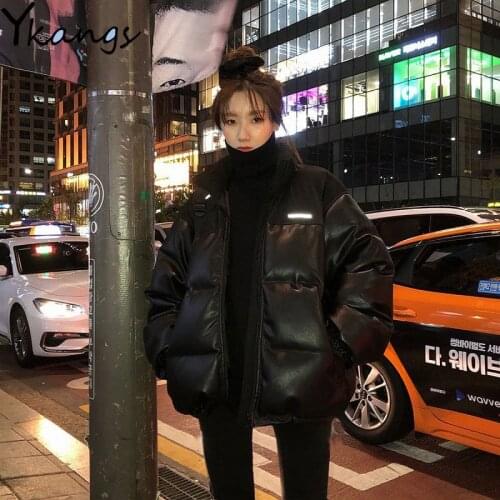 Splicing Solid Hooded Imitation Leather PU Cotton Coat Female Fashion Casual Loose Jacket Women Winter 2020 New Zipper Clothing