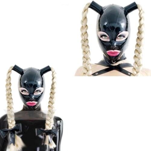 100% Latex Mask Rubber Unisex Hood with Pigtails Rubber Fetish Mask Two Braid Wigs Latex Headgear