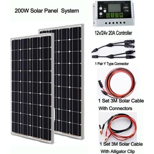 200w 100W Full Power System 1 or 2pcs Glass Solar Panel 220V for 12V 24V Output Battery charger