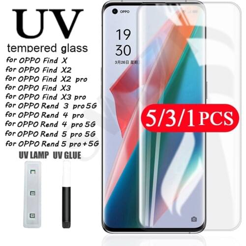 5-1Pcs UV tempered glass for OPPO Find X X2 X3 Reno 3 4 5 pro plus 5G UV Glass protective film phone screen protector smartphone