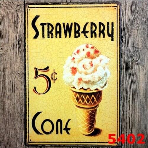 8x12 Inch Strawberry Ice Cream Metal Tin Sign Iron Plate Vintage Home Decor Wall Poster Tin Plaque Cafe Club Decor