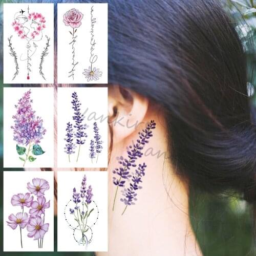 Watercolor Lavender Flower Temporary Tattoos For Women Girls Realistic Rose Letter Fake Tattoo Sticker Neck Arm Tatoos Creative
