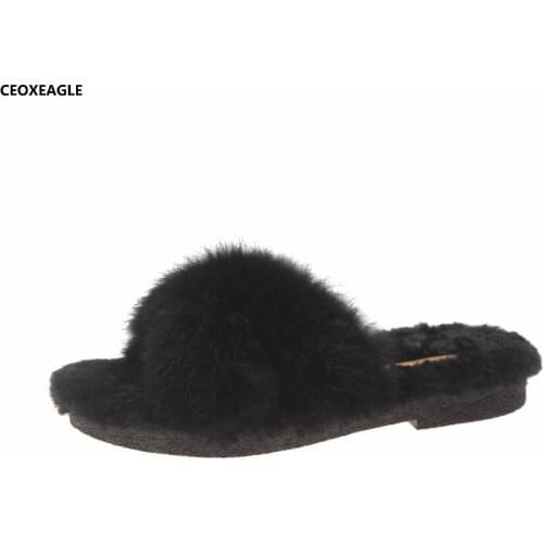 CEOXEAGLE Winter Women Home Slippers with Faux Fur Indoor Fashion Warm Shoes Woman Slip on Female Slides Black Beige Size 35-40