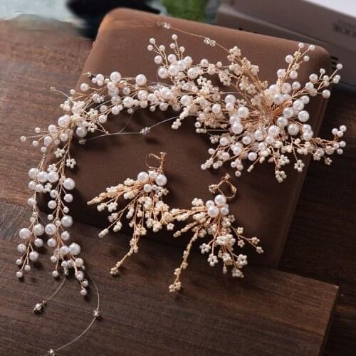 Long design pearl barrettes earrings suit wedding women hair wear brides hair jewelry