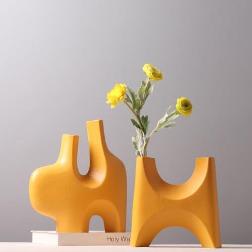 European Irregular Ceramic Vase Yellow Dried Flower Countertop Vase Geometric Flower Arrangement Living Room Office Decoration