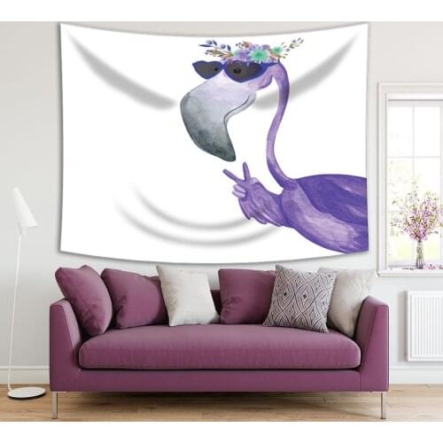 Tapestry Flamingo in Sunglasses and Floral Wreath Hello Summer Exotic Animal Fun Decorative Cartoon Artwork Purple Gray White