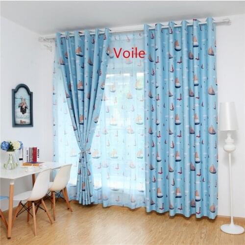 GYC2389 Simple Modern Style Blue Curtains Sailing Boat Cartoon Printed Curtain Tulle For Kids Boys Room Bedroom