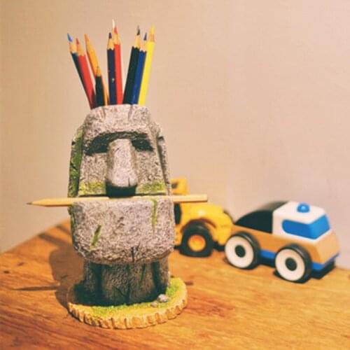 Creative Resin Office Pen Holder Moai Shape Easter Island Stone Statue Pen Holder Decoration Storage Stationery Holiday Gifts