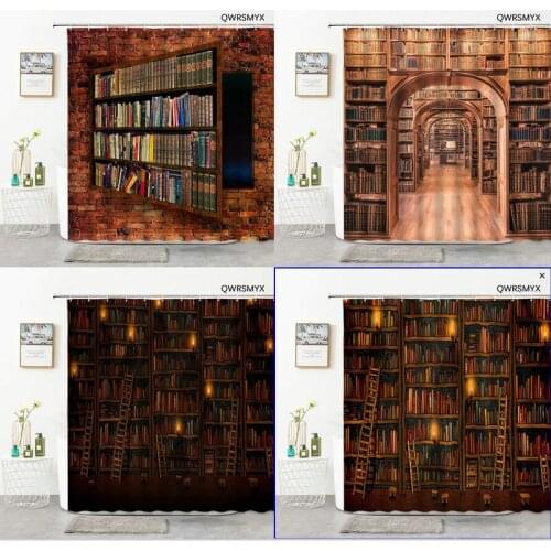 Library Bookshelf Shower Curtain Hook Bathroom Curtain Home Background Cloth Wall Covering Decor Accessories Bathroom Products