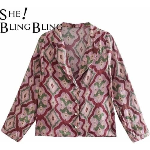 SheBlingBling Geometric Print Summer Casual Loose Shirts Chic Notched Collar Three Quarter Sleeve Single Breast Women Thin Tops