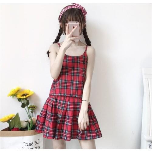 New Summer Harajuku Sweet Punk Style Lattice suspender vest +High-waisted Red Chequered Sexy Mini Pleated skirt Short Skirt