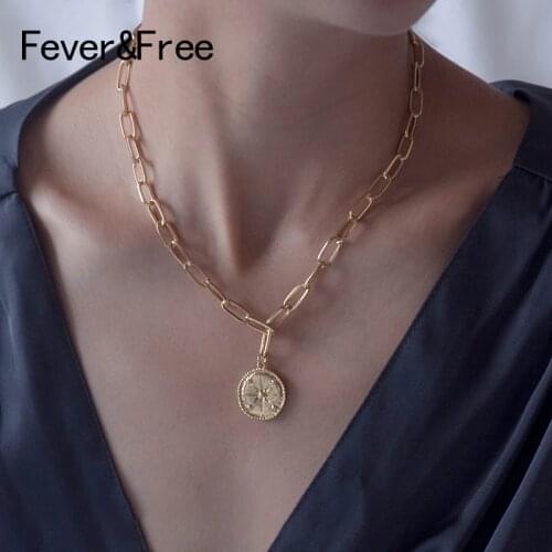 Fever&Free Minimalism Jewelry Simple Coin Long Chain Gold Necklace Delicate Carved Rune Pendant Necklaces For Female Choker Gift