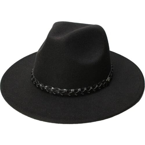 LUCKYLIANJI Retro Kid Child Vintage 100% Wool Wide Brim Cap Fedora Panama Jazz Bowler Hat Black Knit Leather Band (54cm/Adjust)