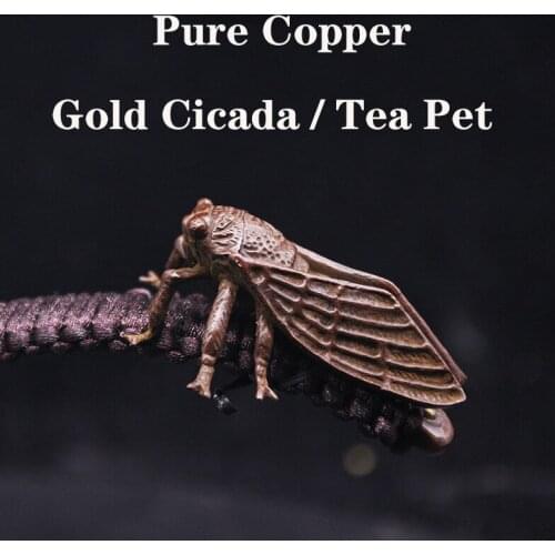 Retro Solid Copper Tea Pet Gold Cicada Ornaments Copper Cover Holder Study Pen Holder TeaTable Home Office Desk Decoratives