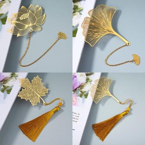 Metal Bookmark Chinese Style Vintage Creative Leaf Vein Hollow Maple Leaf Fringed Apricot Leaf Bookmark for Book School Supplies