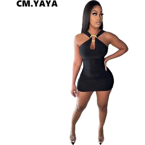 CM.YAYA Women Mini Dress Solid Sleeveless Cut Out Stretchy Bodycon Dresses Sexy Night Clubwear Fashion Outfit Summer 2021