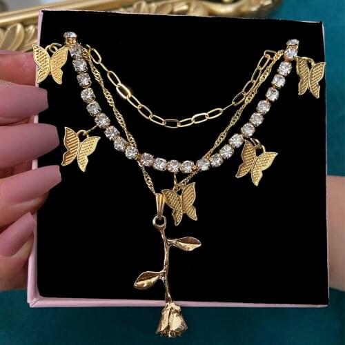 Caraquet Multi Layer Crystal Tennis Chain Butterfly Choker Necklaces For Women New Design Metal Rose Pendants Necklace Jewelry