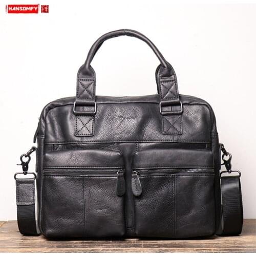 Genuine Leather Mens Handbag Large Capacity Men Portable Briefcase Frosted Leather Shoulder Crossbody Bag 14 Inch Computer Bag