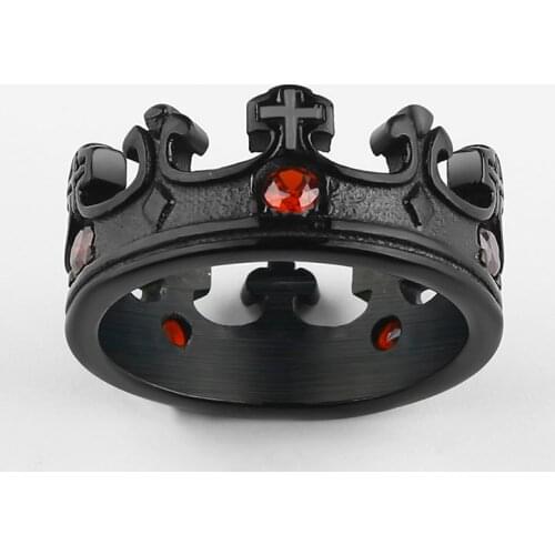 Valily Mens Crown Ring Black Royal King Crown Knight Cross Rings Stainless steel Red Zircon Wedding Ring For Women Men Wholesale
