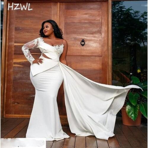 African One Shoulder Plus Size Prom Dresses Aso Ebi Sheer Neck Lace Ilusion Sleeve Mermaid Evening Gowns Girls Party Dress