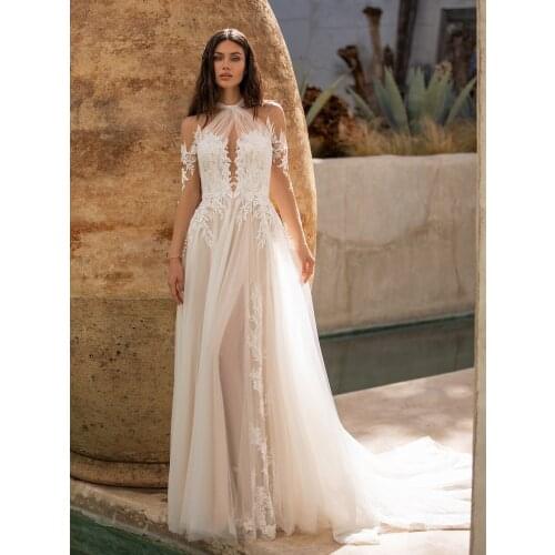 Halter Tulle Appliqued Wedding Dresses Long Transparent Sleeve Illusion Back Beads Princess Vestido De Noiva Bridal Gowns