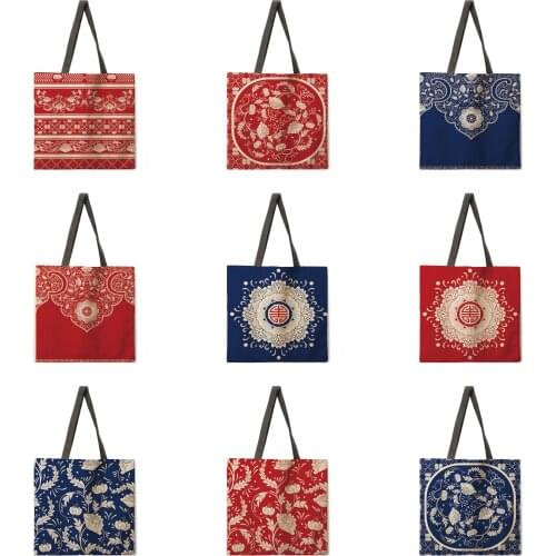 Blue and white porcelain printing tote bag linen fabric bag casual folding shopping bag outdoor beach bag everyday handbag