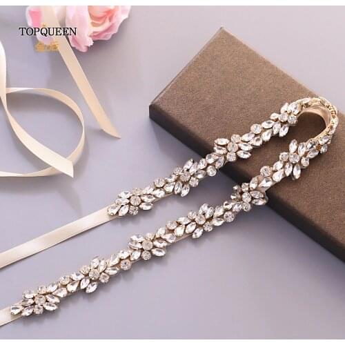 TOPQUEEN S437-G Diamond Bridal Belt Rhinestone Belts Bridal Sash Gold Wedding Belt Gold Formal Belt for Women Bridal Gown Sashes