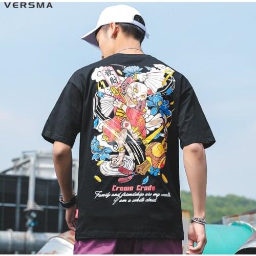 VERSMA 2019 Summer Hip Hop Streetwear Graffiti Couple T-shirts Men Japanese Harajuku BF Oversized Cartoon Printed Tops Tees Male