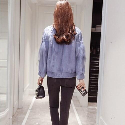 LVCHI Winter 2019 Mink Fur Coat Womens Mandarin Collar Nine Quarter Sky Blue Short Slim Tassel Baseball clothing Mink Fur Coats