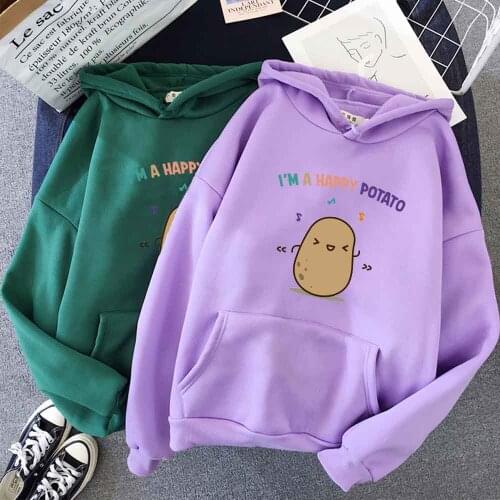 I Am A Happy Potato Streetwear Women Cartoon Print Oversized Harajuku Hoodie Pullovers Female Long Sleeve Hoodie with Letter