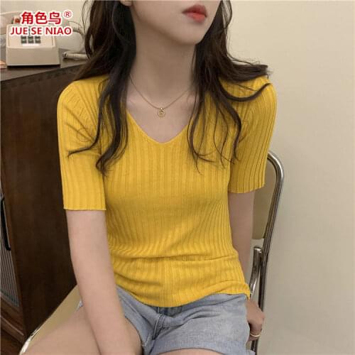 Woman Tshirts Womens V-neck Top Sweater Short-Sleeved T-shirt Summer Tops Mujer Camisetas