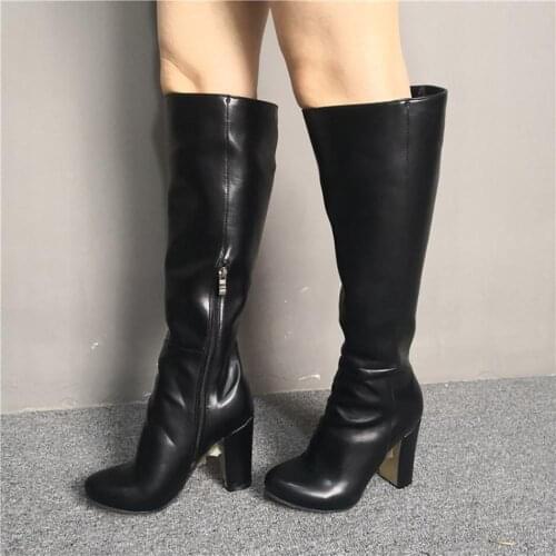 ASHIOFU Handmade Women Chunky Heel Knee Boots Real Photos Night-club Knight Boots Party Prom Winter Evening Fashion Boots Shoes