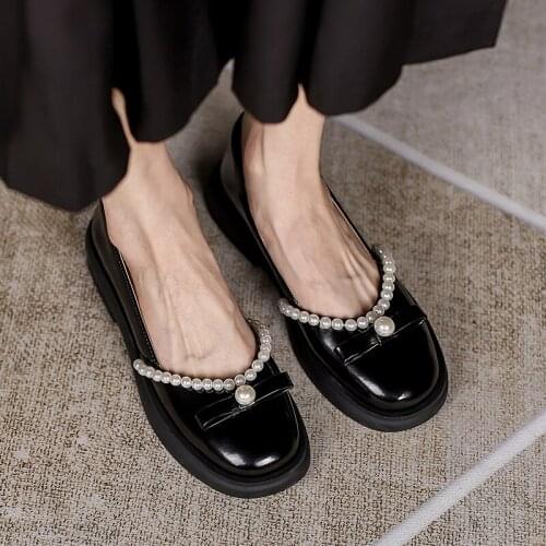 Autuspin Mary Janes Flats Women Genuine Cow Leather Shallow Shoes 2021 Autumn Pearl Decoration Dancing Party Sweet Lolita Shoes