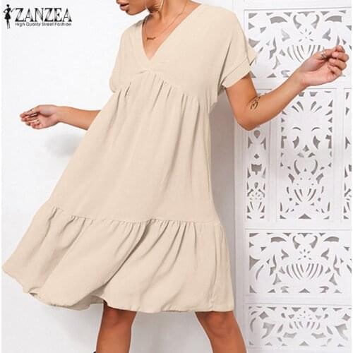 ZANZEA Fashion Summer Sundress Women V Neck Short Sleeve Solid Dress Elegant Ruffles Kaftan Vestidos Oversize Work Dresses Robe