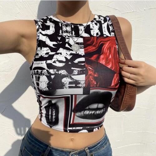 2021 New Fashion Women’s Round Neck Vest Top Fashion Abstract Lips Printing Exposed Navel Sleeveless Tops Casual Women Tanks
