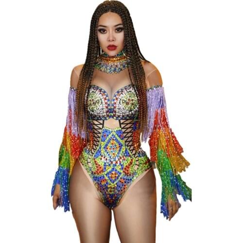 Multi-color Rhinestones Tassel Sleeve Bodysuit Women Singer Bar Sexy Dance Costume Club Party Crystals Fringe Leotard Stage Wear
