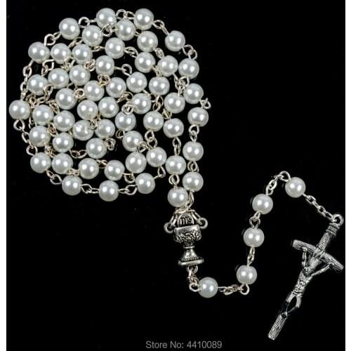 First Communion Rosary Glass Peral Imitation Bead White Black Blue Pink Necklace Women