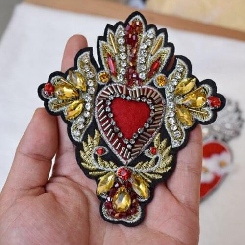 2pieces Beaded Red Gold Heart Pattern Fabric Patches Embroidery Rhinestone Applique Badges Clothes Dress Decorated Sewing