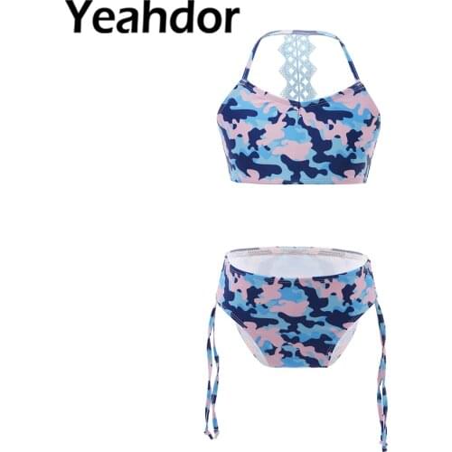 2pcs Kids Girls Swimwear Floral Printed Swimsuit Bikini Set Sleeveless Top Swim Trunks with Adjustable Strap Bathing Suit