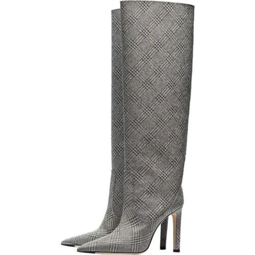 2021 Fashion Woman Knee High Thin Heel Boots Checkered Style Pointed Toe Female Spring Winter Boots