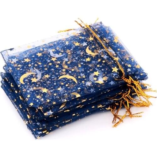 50pcs/lot 7x9cm 9x12cm Navy Drawstring Organza Jewelry Bags Star Moon Pouches Wedding Candy Gifts Jewelry Packaging Display Bags