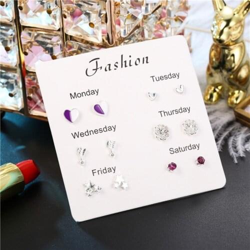 6 Pairs/set Trendy Purple White Enamel Heart Stud Earrings Set For Women Girls Jewelry Cute Lovely Flower Small Earring Mixed