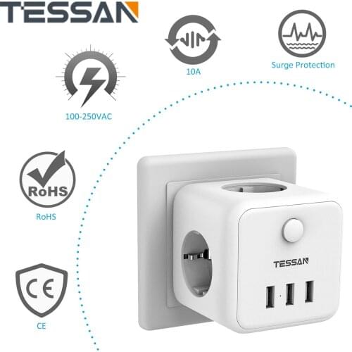 White EU Mini Wall Socket Travel Power Strip with Switch 3 AC Outlets 3 USB Ports Charger Adapter for smart phone/Laptop/Camera