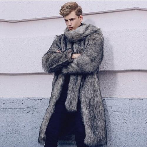 Free shipping 2021 Mens autumn and winter New faux fox fur coat long trench coat warm coat trendy coat warm leisure clothes