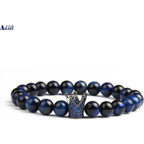 Brand Blue Cz Crown Bracelet with 8mm Natural Tiger Eye Stone Beads Men Jewelry Drop Shipping Fathers Day
