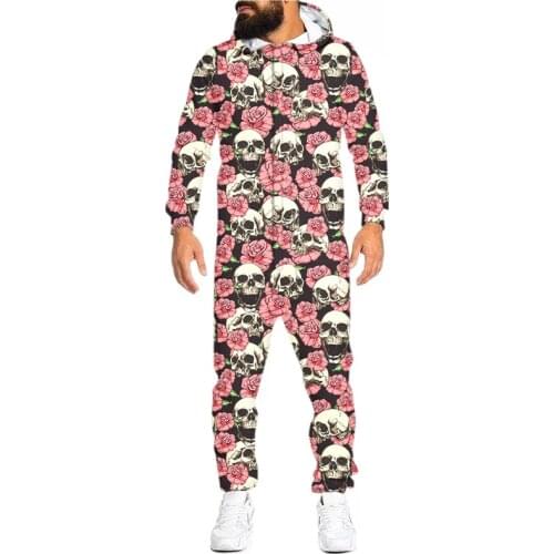 OGKB 3D Pink Flowers Skull Print Loungewear Pajamas Unisex Loose Hooded Zip Open Sleepwear Onesies For Adult Jumpsuits Wholesale