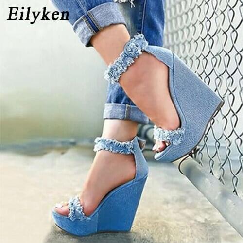 Eilyken 2021 New Summer Blue Denim Sandals High Heel Platform Wedges Sexy Zip Female Women Sandals Size 35-40