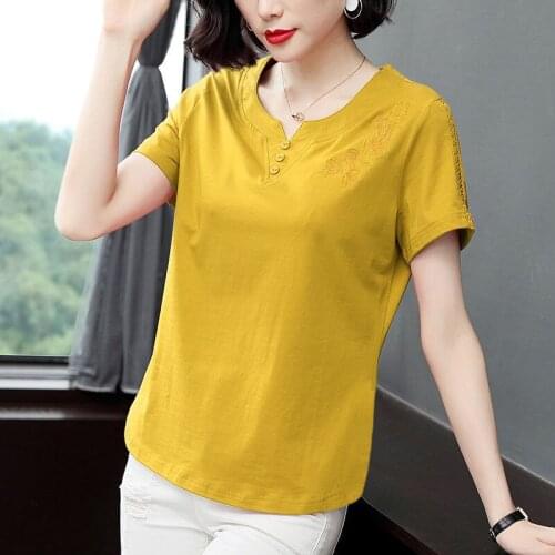 V Neck Cotton T Shirt Woman Summer Fashion Short Sleeve Shirt Womens T-shirt Loose Korean Style Plus Size Women Shirts X200