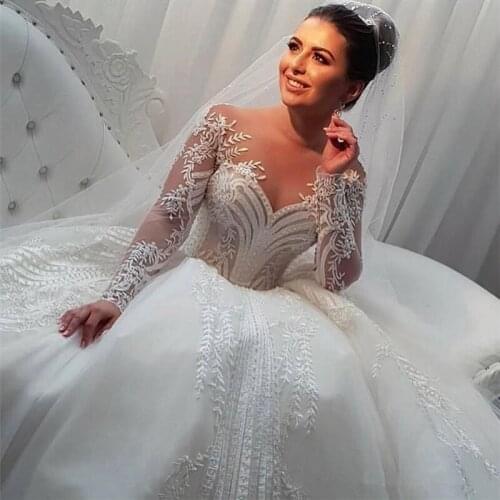 Custom Made Long Sleeve Ball Gown Princess Wedding Dress Beading Embroidered Wedding Gown