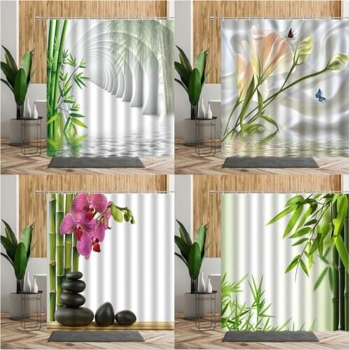 Chinese Zen Shower Curtains Bamboo Floral Printed Bathroom Decor Creative Bath Screen With Hook Hanging Curtain Waterproof Cloth